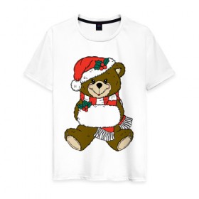 Мужская футболка хлопок с принтом Рождественский Мишка в Белгороде, 100% хлопок | прямой крой, круглый вырез горловины, длина до линии бедер, слегка спущенное плечо. | 