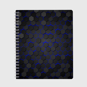 Тетрадь с принтом OCTAGON синий в Белгороде, 100% бумага | 48 листов, плотность листов — 60 г/м2, плотность картонной обложки — 250 г/м2. Листы скреплены сбоку удобной пружинной спиралью. Уголки страниц и обложки скругленные. Цвет линий — светло-серый
 | neon octagon | octagon | неон | неоновые соты | синие соты | синие соты в неоне | шестиугольники