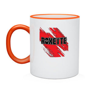 Кружка двухцветная с принтом Roxette в Белгороде, керамика | объем — 330 мл, диаметр — 80 мм. Цветная ручка и кайма сверху, в некоторых цветах — вся внутренняя часть | roxette | европоп | музыка | поп | ро | рок | роксэт