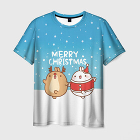 Мужская футболка 3D с принтом Molang. Merry Christmas в Белгороде, 100% полиэфир | прямой крой, круглый вырез горловины, длина до линии бедер | chicken | christmas | deer | korea | molang | newyear | piupiu | rabbit | smow | snowflakes | winter | год | зима | корея | кролик | моланг | новый | олень | пиу | рождество | снег | снежинка