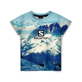 Детская футболка 3D с принтом SALOMON в Белгороде, 100% гипоаллергенный полиэфир | прямой крой, круглый вырез горловины, длина до линии бедер, чуть спущенное плечо, ткань немного тянется | salomon | горы | снег | спорт
