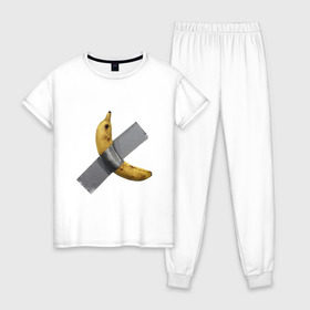 Женская пижама хлопок с принтом Банан за 120 тысяч долларов в Белгороде, 100% хлопок | брюки и футболка прямого кроя, без карманов, на брюках мягкая резинка на поясе и по низу штанин | art basel | banan | mem | memas | meme | мем | мемас | мемчик