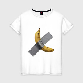 Женская футболка хлопок с принтом  Банан за 120 тысяч долларов в Белгороде, 100% хлопок | прямой крой, круглый вырез горловины, длина до линии бедер, слегка спущенное плечо | art basel | banan | mem | memas | meme | мем | мемас | мемчик