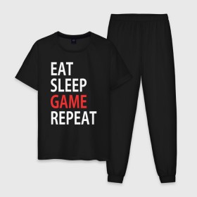 Мужская пижама хлопок с принтом Eat sleep game repeat в Белгороде, 100% хлопок | брюки и футболка прямого кроя, без карманов, на брюках мягкая резинка на поясе и по низу штанин
 | Тематика изображения на принте: bf | cod | cs go | dota 2 | eat sleep game repert | esgr | gamer | games | lol | mem | memes | pc | ps3 | ps4 | wow | xbox | ешь спи играй повтори | игра | игрок | игры | мем | мемы