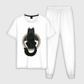 Мужская пижама хлопок с принтом Йольский кот в Белгороде, 100% хлопок | брюки и футболка прямого кроя, без карманов, на брюках мягкая резинка на поясе и по низу штанин
 | Тематика изображения на принте: йоль | йольский кот | кот | мифы | праздник | руны | солнцестояние | черный кот