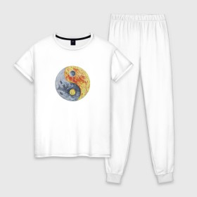 Женская пижама хлопок с принтом Луна (Инь-Янь) в Белгороде, 100% хлопок | брюки и футболка прямого кроя, без карманов, на брюках мягкая резинка на поясе и по низу штанин | инь янь | китайская культура | луна | планета | рисунок | фэншуй