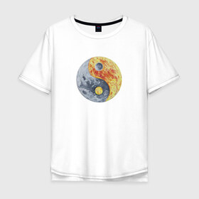 Мужская футболка хлопок Oversize с принтом Луна (Инь-Янь) в Белгороде, 100% хлопок | свободный крой, круглый ворот, “спинка” длиннее передней части | инь янь | китайская культура | луна | планета | рисунок | фэншуй