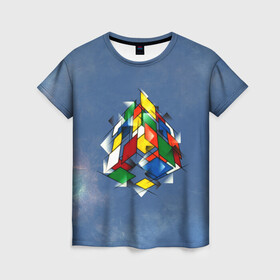 Женская футболка 3D с принтом Кубик Рубика в Белгороде, 100% полиэфир ( синтетическое хлопкоподобное полотно) | прямой крой, круглый вырез горловины, длина до линии бедер | mathematica | кубик | магия. формулы | математика | наука | рубика | соберись | технарь