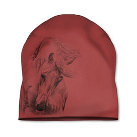 Шапка 3D с принтом конь на красном фоне в Белгороде, 100% полиэстер | универсальный размер, печать по всей поверхности изделия | животные | конный спорт | конь | лошадь | наездник | спорт