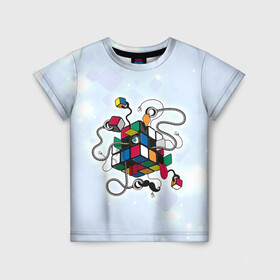Детская футболка 3D с принтом Кубик Рубика в Белгороде, 100% гипоаллергенный полиэфир | прямой крой, круглый вырез горловины, длина до линии бедер, чуть спущенное плечо, ткань немного тянется | Тематика изображения на принте: mathematica | кубик | магия. формулы | математика | наука | рубика | соберись | технарь