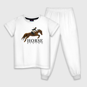 Детская пижама хлопок с принтом HORSE RIDING в Белгороде, 100% хлопок |  брюки и футболка прямого кроя, без карманов, на брюках мягкая резинка на поясе и по низу штанин
 | Тематика изображения на принте: животные | конный спорт | конь | лошадь | наездник | спорт | стикер