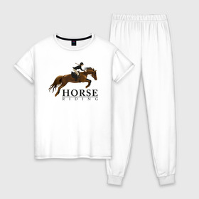 Женская пижама хлопок с принтом HORSE RIDING в Белгороде, 100% хлопок | брюки и футболка прямого кроя, без карманов, на брюках мягкая резинка на поясе и по низу штанин | животные | конный спорт | конь | лошадь | наездник | спорт | стикер