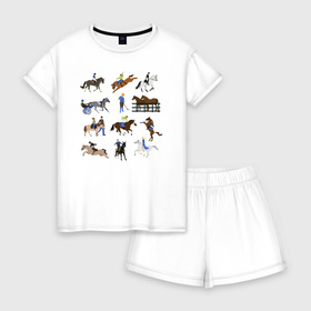 Женская пижама с шортиками хлопок с принтом конный виды спорта в Белгороде, 100% хлопок | футболка прямого кроя, шорты свободные с широкой мягкой резинкой | животные | конный спорт | конь | лошадь | наездник | спорт