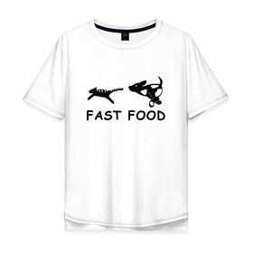 Мужская футболка хлопок Oversize с принтом Fast food (черный) в Белгороде, 100% хлопок | свободный крой, круглый ворот, “спинка” длиннее передней части | fast food | бег | быстрая еда | быстро | догнать | домашние животные | животные | забавные животные | кот | кот и пес | кошка | ловить | любителю собак | пес | преследовать | прикол | смешное