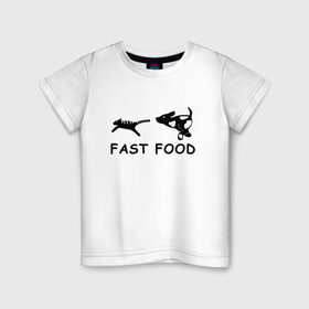 Детская футболка хлопок с принтом Fast food (черный) в Белгороде, 100% хлопок | круглый вырез горловины, полуприлегающий силуэт, длина до линии бедер | fast food | бег | быстрая еда | быстро | догнать | домашние животные | животные | забавные животные | кот | кот и пес | кошка | ловить | любителю собак | пес | преследовать | прикол | смешное