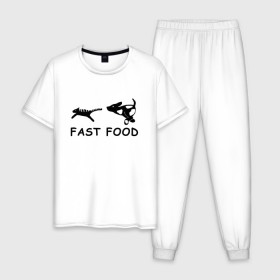 Мужская пижама хлопок с принтом Fast food (черный) в Белгороде, 100% хлопок | брюки и футболка прямого кроя, без карманов, на брюках мягкая резинка на поясе и по низу штанин
 | Тематика изображения на принте: fast food | бег | быстрая еда | быстро | догнать | домашние животные | животные | забавные животные | кот | кот и пес | кошка | ловить | любителю собак | пес | преследовать | прикол | смешное