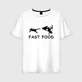 Женская футболка хлопок Oversize с принтом Fast food (черный) в Белгороде, 100% хлопок | свободный крой, круглый ворот, спущенный рукав, длина до линии бедер
 | fast food | бег | быстрая еда | быстро | догнать | домашние животные | животные | забавные животные | кот | кот и пес | кошка | ловить | любителю собак | пес | преследовать | прикол | смешное