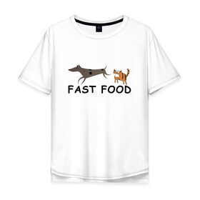 Мужская футболка хлопок Oversize с принтом Fast food (цвет) в Белгороде, 100% хлопок | свободный крой, круглый ворот, “спинка” длиннее передней части | fast food | бег | быстрая еда | быстро | догнать | домашние животные | животные | забавные животные | кот | кот и пес | кошка | кошка бежит | кошка и собака | ловить | любителю кошек | пес | преследовать
