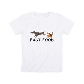 Детская футболка хлопок с принтом Fast food (цвет) в Белгороде, 100% хлопок | круглый вырез горловины, полуприлегающий силуэт, длина до линии бедер | fast food | бег | быстрая еда | быстро | догнать | домашние животные | животные | забавные животные | кот | кот и пес | кошка | кошка бежит | кошка и собака | ловить | любителю кошек | пес | преследовать
