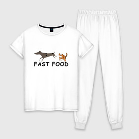Женская пижама хлопок с принтом Fast food (цвет) в Белгороде, 100% хлопок | брюки и футболка прямого кроя, без карманов, на брюках мягкая резинка на поясе и по низу штанин | fast food | бег | быстрая еда | быстро | догнать | домашние животные | животные | забавные животные | кот | кот и пес | кошка | кошка бежит | кошка и собака | ловить | любителю кошек | пес | преследовать