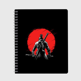Тетрадь с принтом Sekiro Shadows Die Twice в Белгороде, 100% бумага | 48 листов, плотность листов — 60 г/м2, плотность картонной обложки — 250 г/м2. Листы скреплены сбоку удобной пружинной спиралью. Уголки страниц и обложки скругленные. Цвет линий — светло-серый
 | Тематика изображения на принте: armed | death | die | game | japan | ninja | one | samurai | sekiro | shadow | shinobi | wolf | волк | игра | ниндзя | самураи | самурай | тени | тень | шиноби | япония