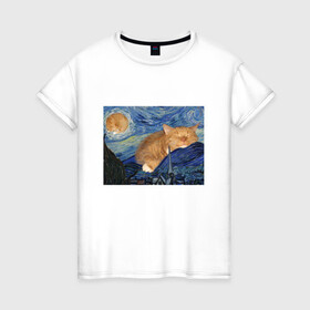 Женская футболка хлопок с принтом Звёздная ночь и коты в Белгороде, 100% хлопок | прямой крой, круглый вырез горловины, длина до линии бедер, слегка спущенное плечо | арт | ван гог | животные | звёздная ночь | искусство | картина | котик | коты | кошка | мем | прикол | смешная картинка | юмор