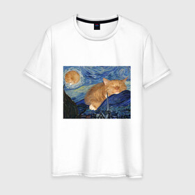 Мужская футболка хлопок с принтом Звёздная ночь и коты в Белгороде, 100% хлопок | прямой крой, круглый вырез горловины, длина до линии бедер, слегка спущенное плечо. | арт | ван гог | животные | звёздная ночь | искусство | картина | котик | коты | кошка | мем | прикол | смешная картинка | юмор