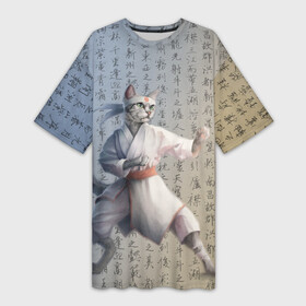 Платье-футболка 3D с принтом Karate cat в Белгороде,  |  | боевое искусство | боец | карате | каратэ | каратэ боец | каратэ воин | каратэ до | карте кёкусинкай | кёкусинкай | киокусинкай | пустая рука | путь пустой руки | рука тан | самооборона