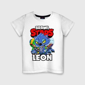 Детская футболка хлопок с принтом BRAWL STARS LEON в Белгороде, 100% хлопок | круглый вырез горловины, полуприлегающий силуэт, длина до линии бедер | brawl stars | brawl stars leon | brawler | leon | shark | werewolf | акула | бравл старз | бравлер | леон | оборотень