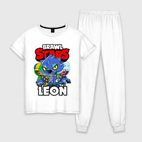 Женская пижама хлопок с принтом BRAWL STARS LEON в Белгороде, 100% хлопок | брюки и футболка прямого кроя, без карманов, на брюках мягкая резинка на поясе и по низу штанин | brawl stars | brawl stars leon | brawler | leon | shark | werewolf | акула | бравл старз | бравлер | леон | оборотень