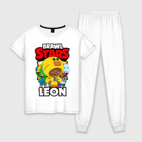 Женская пижама хлопок с принтом BRAWL STARS LEON в Белгороде, 100% хлопок | брюки и футболка прямого кроя, без карманов, на брюках мягкая резинка на поясе и по низу штанин | brawl stars | brawl stars leon | brawler | leon | sally | shark | акула | бравл старз | бравлер | леон | салли