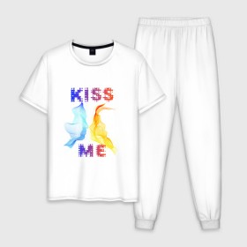 Мужская пижама хлопок с принтом Kiss Me в Белгороде, 100% хлопок | брюки и футболка прямого кроя, без карманов, на брюках мягкая резинка на поясе и по низу штанин
 | cyber | kiss | абстракция | волны | любовь | поцелуй