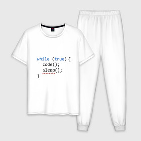 Мужская пижама хлопок с принтом Code - sleep в Белгороде, 100% хлопок | брюки и футболка прямого кроя, без карманов, на брюках мягкая резинка на поясе и по низу штанин
 | c | c++ | code | coder | computer | hacker | java | programm | tag | жизнь | код | кодер | программа | программист | сон | хакер | хочу спать