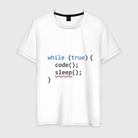 Мужская футболка хлопок с принтом Code - sleep в Белгороде, 100% хлопок | прямой крой, круглый вырез горловины, длина до линии бедер, слегка спущенное плечо. | Тематика изображения на принте: c | c++ | code | coder | computer | hacker | java | programm | tag | жизнь | код | кодер | программа | программист | сон | хакер | хочу спать
