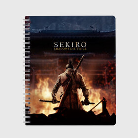 Тетрадь с принтом Sekiro Shadows Die Twice в Белгороде, 100% бумага | 48 листов, плотность листов — 60 г/м2, плотность картонной обложки — 250 г/м2. Листы скреплены сбоку удобной пружинной спиралью. Уголки страниц и обложки скругленные. Цвет линий — светло-серый
 | Тематика изображения на принте: japan | sekiro | однорукий волк | самурай | секиро | сэнгоку | экшн | япония