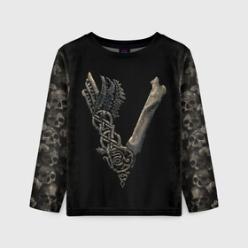 Детский лонгслив 3D с принтом Vikings (bones logo) в Белгороде, 100% полиэстер | длинные рукава, круглый вырез горловины, полуприлегающий силуэт
 | bones | good | skull | viking | vikings | бог | викинг | викинги | кости | скандинавы | череп | язычник