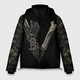 Мужская зимняя куртка 3D с принтом Vikings (bones logo) в Белгороде, верх — 100% полиэстер; подкладка — 100% полиэстер; утеплитель — 100% полиэстер | длина ниже бедра, свободный силуэт Оверсайз. Есть воротник-стойка, отстегивающийся капюшон и ветрозащитная планка. 

Боковые карманы с листочкой на кнопках и внутренний карман на молнии. | bones | good | skull | viking | vikings | бог | викинг | викинги | кости | скандинавы | череп | язычник
