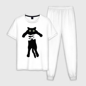 Мужская пижама хлопок с принтом Черный кот в руках в Белгороде, 100% хлопок | брюки и футболка прямого кроя, без карманов, на брюках мягкая резинка на поясе и по низу штанин
 | Тематика изображения на принте: cat | в руках | глаза | животное | кот | котенок | кошка | милый | черный