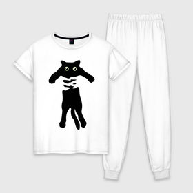Женская пижама хлопок с принтом Черный кот в руках в Белгороде, 100% хлопок | брюки и футболка прямого кроя, без карманов, на брюках мягкая резинка на поясе и по низу штанин | cat | в руках | глаза | животное | кот | котенок | кошка | милый | черный