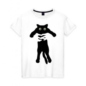 Женская футболка хлопок с принтом Черный кот в руках в Белгороде, 100% хлопок | прямой крой, круглый вырез горловины, длина до линии бедер, слегка спущенное плечо | cat | в руках | глаза | животное | кот | котенок | кошка | милый | черный
