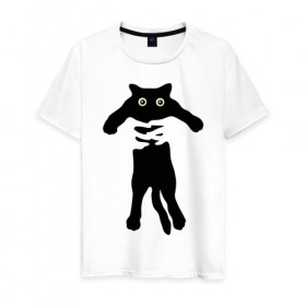 Мужская футболка хлопок с принтом Черный кот в руках в Белгороде, 100% хлопок | прямой крой, круглый вырез горловины, длина до линии бедер, слегка спущенное плечо. | Тематика изображения на принте: cat | в руках | глаза | животное | кот | котенок | кошка | милый | черный