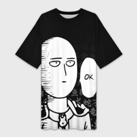 Платье-футболка 3D с принтом Ванпанчмен: Сайтама на фоне иероглифов в Белгороде,  |  | one punch man | onepunchman | oppai | saitama | ван панч мен | ванпанчмен | макото миядзаки | сайтама | человек один удар