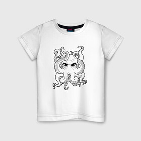 Детская футболка хлопок с принтом Ктулху в Белгороде, 100% хлопок | круглый вырез горловины, полуприлегающий силуэт, длина до линии бедер | ктулху | мистика | рисунок. осьминог | существо