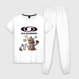 Женская пижама хлопок с принтом SAMOGON в Белгороде, 100% хлопок | брюки и футболка прямого кроя, без карманов, на брюках мягкая резинка на поясе и по низу штанин | Тематика изображения на принте: антибренд | прикол | приколы | самогон | юмор