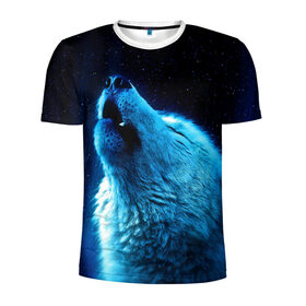 Мужская футболка 3D спортивная с принтом Волк воет на луну в Белгороде, 100% полиэстер с улучшенными характеристиками | приталенный силуэт, круглая горловина, широкие плечи, сужается к линии бедра | Тематика изображения на принте: волк | животные | зверь | ночь | фото | хищник
