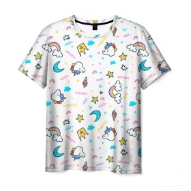 Мужская футболка 3D с принтом Единороги в Белгороде, 100% полиэфир | прямой крой, круглый вырез горловины, длина до линии бедер | unicorn | единорог | животные | корона | мороженое | облака | радуга | рог | текстура | узор