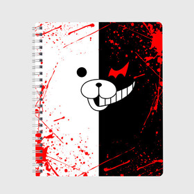 Тетрадь с принтом MONOKUMA в Белгороде, 100% бумага | 48 листов, плотность листов — 60 г/м2, плотность картонной обложки — 250 г/м2. Листы скреплены сбоку удобной пружинной спиралью. Уголки страниц и обложки скругленные. Цвет линий — светло-серый
 | Тематика изображения на принте: anime | bear | black  white | danganronpa | kurokuma | monodam | monokuma | monomi | monotaro | rabbit | school | shirokuma | аниме | главарь | мoноми | монокума | черно белый | школа