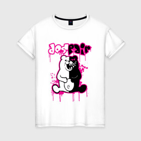 Женская футболка хлопок с принтом MONOKUMA в Белгороде, 100% хлопок | прямой крой, круглый вырез горловины, длина до линии бедер, слегка спущенное плечо | anime | bear | black | danganronpa | japan | monokuma | white | аниме | белое | медведь | монокума | черное | япония