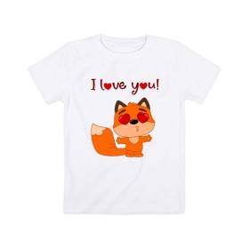 Детская футболка хлопок с принтом влюбленная лисичка i love you! в Белгороде, 100% хлопок | круглый вырез горловины, полуприлегающий силуэт, длина до линии бедер | fox | венок | лиса | лисенок | лисичка | полевые цветы | полынь | ромашки | цветы