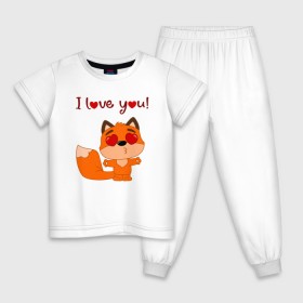 Детская пижама хлопок с принтом влюбленная лисичка i love you! в Белгороде, 100% хлопок |  брюки и футболка прямого кроя, без карманов, на брюках мягкая резинка на поясе и по низу штанин
 | fox | венок | лиса | лисенок | лисичка | полевые цветы | полынь | ромашки | цветы